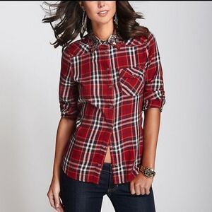 Guess plaid button down embellished neck small